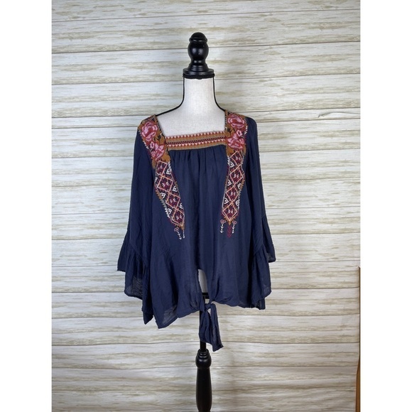Entro Blue Textured Floral Embroidered Boho Bell Sleeve Blouse - Picture 1 of 5